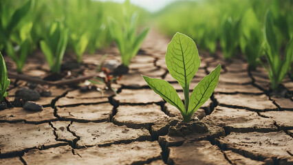 Green plant emerges from dry, cracked earth, impact of CO2 absorption on the environment. the potential for ecological restoration and the role of plants in mitigating climate effects. Generative AI