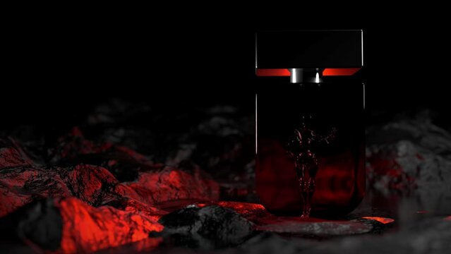 A surreal scene: a perfume bottle rests among black rocks by a lake, with a dancing woman silhouette inside and scarlet light emanating from the water. Vivid emotions fill the air