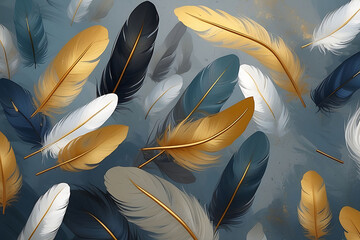 Background with abstract artistic elements, feathers, blue, gold brushstrokes. Olive gray, poster, card, mural, print, wall art with textured background. Oil on canvas. Generative AI