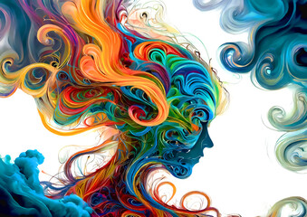 人の顔のシルエットに渦巻くカラフルな煙