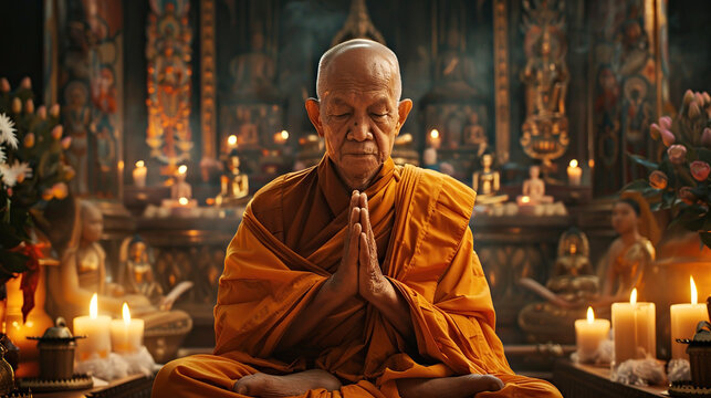 Buddhist Monk in deep meditation, surrounded by burning candles, in etting of a traditional Buddhist temple. Religion, traditional eastern meditation, prayer, spiritual practice