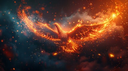 Fiery phoenix rebirth, 3D firebird illustration, ashes rise, mythical blaze, eternal flame, AI Generative - obrazy, fototapety, plakaty