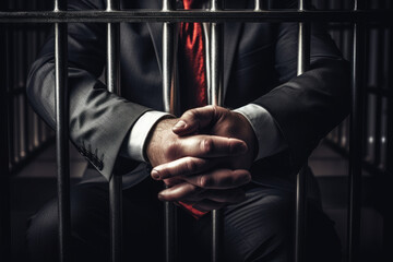 Businessman and politician corrupt oldman prisoner in orange uniform holds hands on metal bars, looking at camera. Standing, sitting behind prison bars.	
 - obrazy, fototapety, plakaty