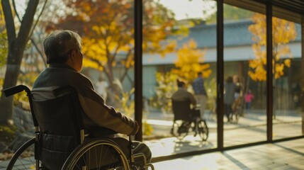 in a modern room, an asian elder person sit on a wheelchair, looking out from window, AI Generative - obrazy, fototapety, plakaty