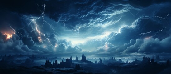 The urban skyline is shrouded in darkness as menacing storm clouds gather overhead, illuminated by flashes of lightning