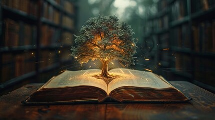 old book opening to a knowledge tree, library background, profound and inspiring, AI Generative - obrazy, fototapety, plakaty