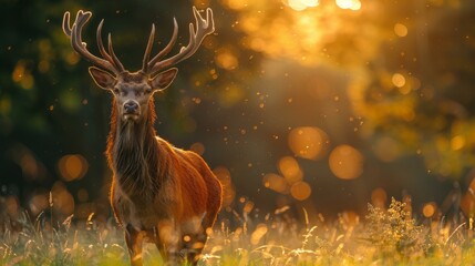 solitary red deer, morning sun glow, lush green backdrop, tranquil, radiant light, ethereal, serene atmosphere, AI Generative