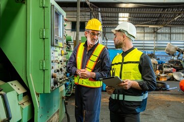 Two professional engineer worker technician checking old machine construction factory with colleague technician. factory assistant worker in helmet check old machinery construction in old factory.