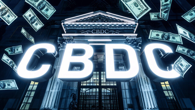 Illuminated CBDC Sign on Banking Building Facade with Floating Dollar Bills