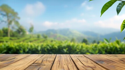 Round wooden surface with hazy tea farm scenery under blue sky and indistinct verdant foliage border for showcasing products in a natural setting. - obrazy, fototapety, plakaty