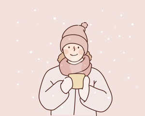 girl holds a cup with a warm drink in the cold season. Winter clothes on the child. Hand drawn style vector design illustrations.
