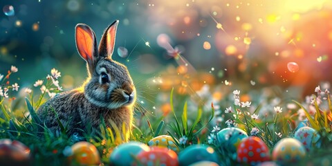 Fototapeta na wymiar Vibrant painted eggs and bunny on lush lawn.