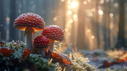Enchanting Amanita muscaria mushrooms basking in sunlight on a frosty forest floor - obrazy, fototapety, plakaty