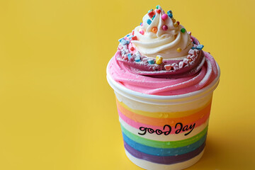 Swirled Rainbow Frosting on Cupcake with 'Good Day' Message, Sunny Yellow Background