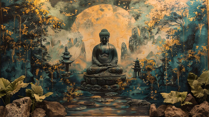 Serene Buddha Statue in Mystical Forest with Full Moon, Spiritual Zen Artwork