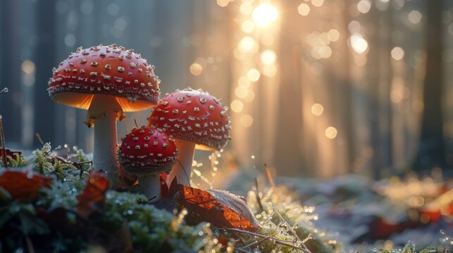 Enchanting Amanita muscaria mushrooms basking in sunlight on a frosty forest floor