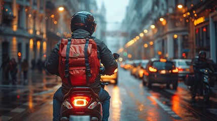A food delivery courier on a motorbike with a red backpack is swiftly transporting food to...