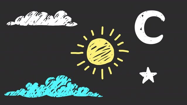 2D Animation of sky, sun, moon, clouds and stars with alpha channel. Cartoon scribble hand drawn style. Transparent background.