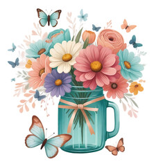 Retro Flower Butterfly jar Clipart PNG Ai-Generated
