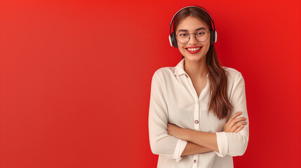 A cheerful young woman wearing a headset smiling confidently, representing friendly customer support on a red background.