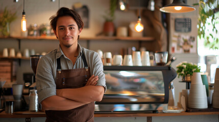 A smiling young male barista with crossed arms stands in a coffee shop with a professional espresso machine. - Powered by Adobe