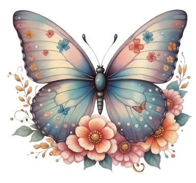 Retro Flower Butterfly Clipart PNG Ai-Generated