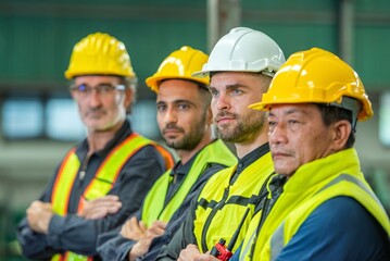 A group of construction workers wearing hard hats and safety vests are standing in a row looking at...