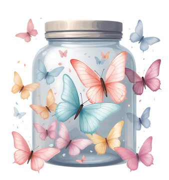 Retro Flower Butterfly jar Clipart PNG Ai-Generated