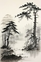 Chinese ink painting art background elegant tranquil landscap