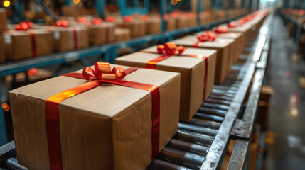 Fototapeta premium Conveyor Belt With Boxes Wrapped in Brown Paper and Red Bows
