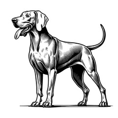 Full-body Weimaraner standing. Hand Drawn Pen and Ink. Vector Isolated in White. Engraving vintage style illustration for print, tattoo, t-shirt	