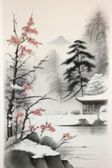 Chinese ink painting art background elegant tranquil landscape