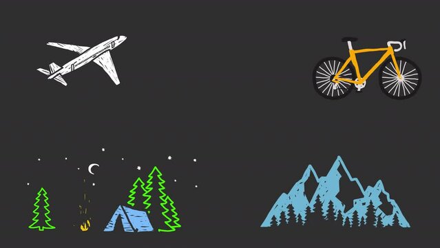 Set of travel, vacation and outdoor activities colorful doodle animations. Camping, bicycle, mountain, fishing, plane. Cartoon scribble hand drawn style. Transparent background.
