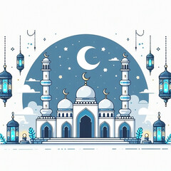 Illustration flat art ramadan and eid modern design postcard at sun set