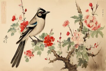 ink painting, Illustration of a Bird Perched on a Branch