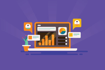 Advertising campaign performance analytics report on software dashboard measure CTR, impression, conversion tracking and ad investment information, KPI vector illustration.