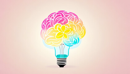 lightbulb brain 2d illustration colorful, thinking ,good idea, funny feeling