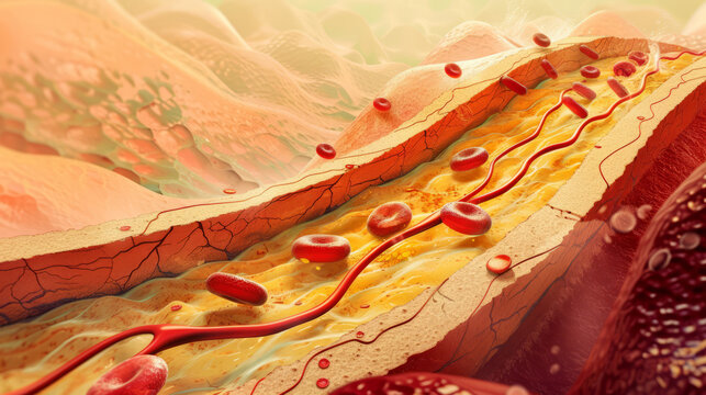 A vibrant 3D rendered image showing the flow of blood cells through veins with a focus on the detail and texture of the cells
