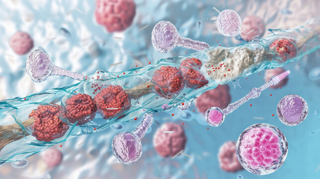 An intricate 3D render visualizing the immune response in a bloodstream combating infection