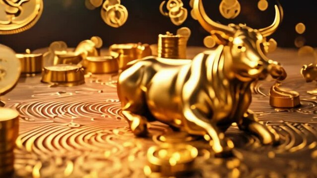 digital artwork featuring a golden bull statue symbolizing prosperity and bullish market sentiments.