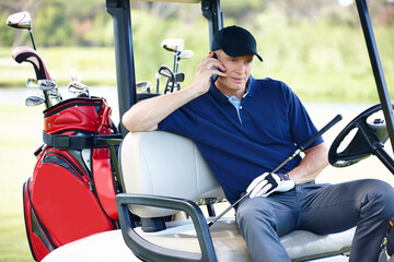 Man, phone call and talking in golf cart for networking, communication and planning for schedule. Male person, talking and athlete outdoors on tech, golfer and sports on field or training on lawn