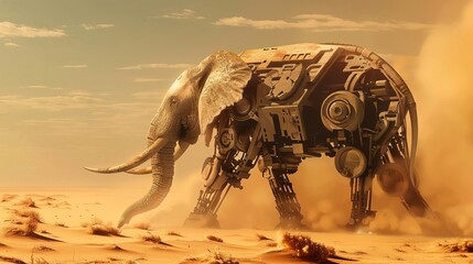 A Unique Artwork Depicting an Elephant with a Mechanical Body Traversing a Sandstorm in a Desert