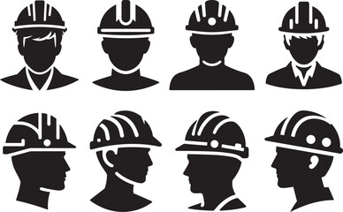 Construction men workers head with safety hard hat vector icon set.