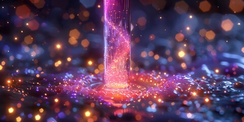 Enchanting 3D render of a magical, glowing serum dropper with a swirling, galaxy-like liquid and tiny, twinkling star-shaped particles - obrazy, fototapety, plakaty