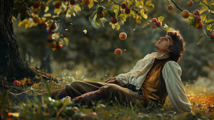 Isaac Newton’s Revelation: A Young Man and a Floating Apple - obrazy, fototapety, plakaty