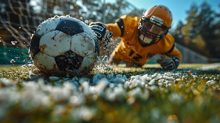 Showcase the precision of a perfectly executed slide tackle, capturing the split-second before contact is made with the ball. - obrazy, fototapety, plakaty