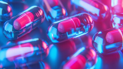 Detailed view of multiple red and blue pills displayed closely together - obrazy, fototapety, plakaty