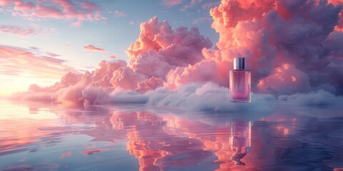 Surreal 3D render of a dreamy, cloud-like foundation bottle with a floating, mirror-like cap reflecting a serene, pastel-hued sky
