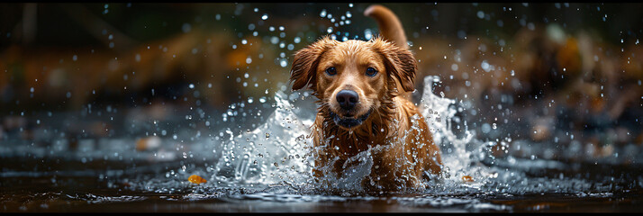 Dog dashing through water causing ripples. High-speed pet photography with natural bokeh effect....