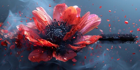 Whimsical 3D render of a fantastical, oversized mascara wand with a blooming, flower-like brush and playful, petal-shaped fibers - obrazy, fototapety, plakaty